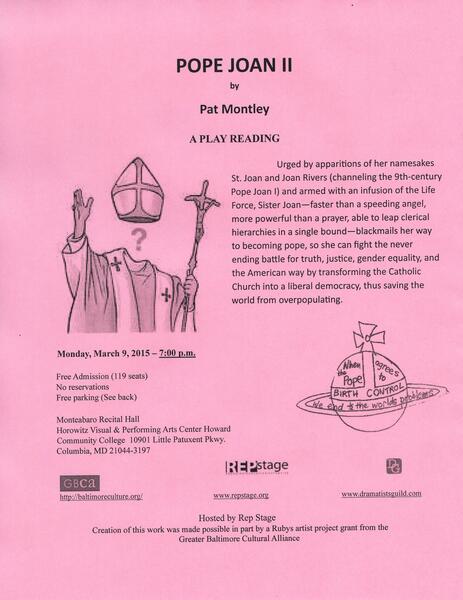 Flyer for Reading of Pope Joan II at Rep Stage, Columbia, MD