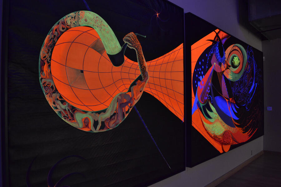 Mina Cheon's 15 Billion Years of the Traveling Atom under Black Light at Maryland Art Place