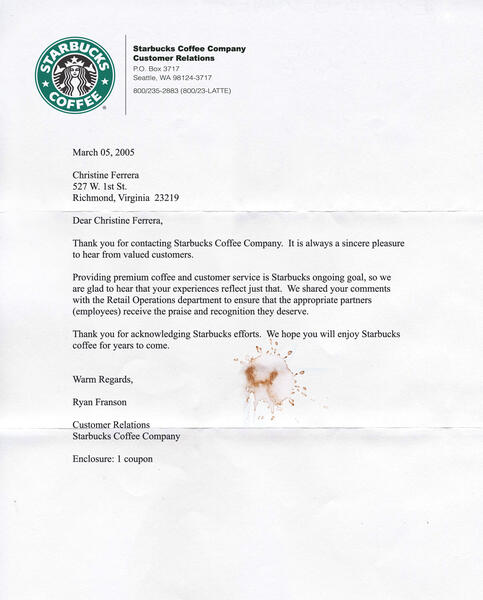 Letter From Starbucks Coffee Customer Service Representative Ryan Franson