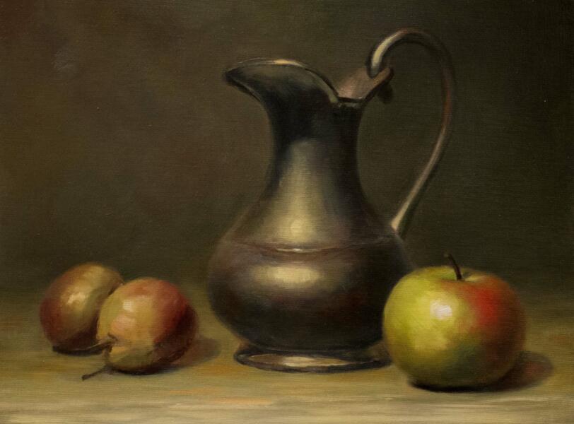 Sickle Pears, an Apple, and a Pitcher