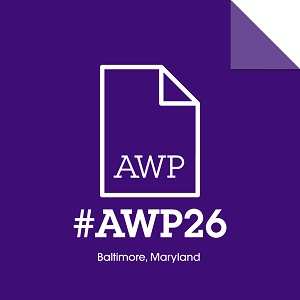 purple background with white design of a page of paper with a corner folded down. AWP is written on the page. Below it says # AWP26 and below it says Baltinore, Marylandl