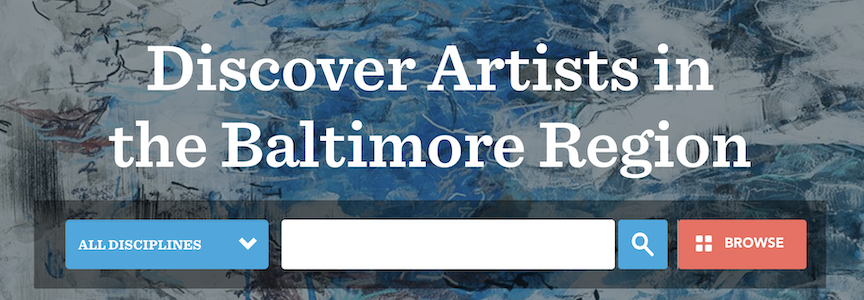 Image of search bar field underneath text, "Discover Artists in the Baltimore Region." To the left is a blue drop-down menu labeled "discipline," and to the right is a blue button with a magnifying glass and an orange button labled, "BROWSE."