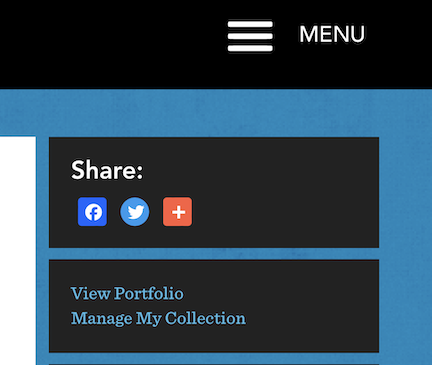 Menu bar stacked over social media links, stacked over two blue links reading, "View portfolio" and " Manage my collection"