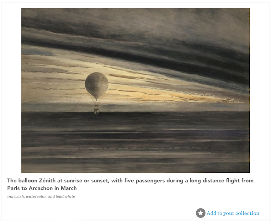Wash drawing of vintage hot-air balloon flying at a distance during sunset