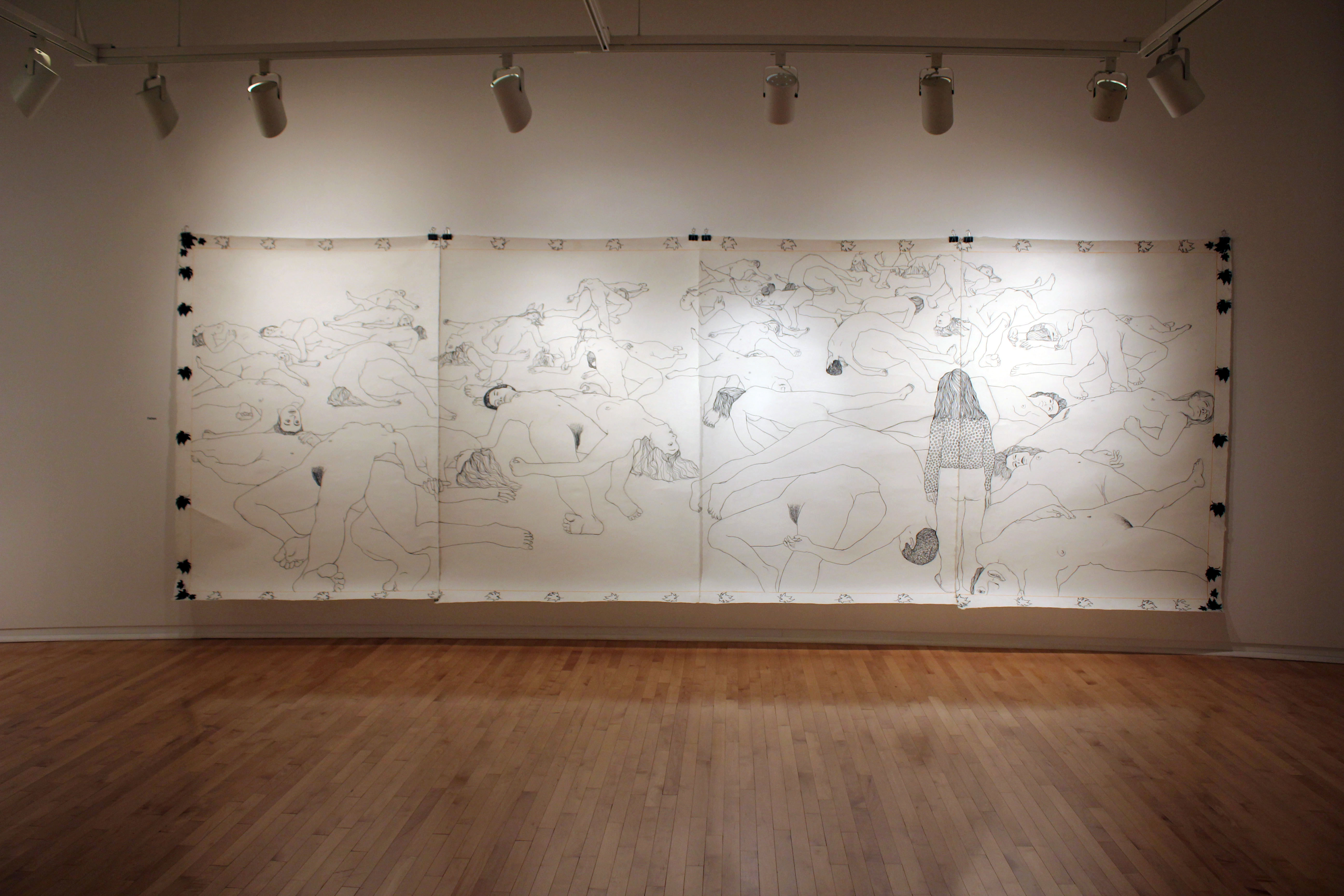 The Fallen, from the "What Will Befall Her?" series, Charcoal on hand-made Korean Paper. 7' X 20'
