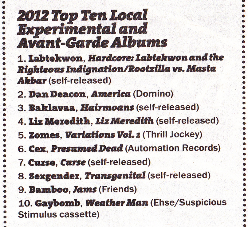 Liz Meredith LP, "2012 Top Ten Local Experimental and Avant-Garde Albums".  Baltimore City Paper Vol. 36, No. 50 (December 12-19th, 2012).