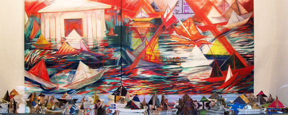 Brightly colored oil painting with paper boat installation