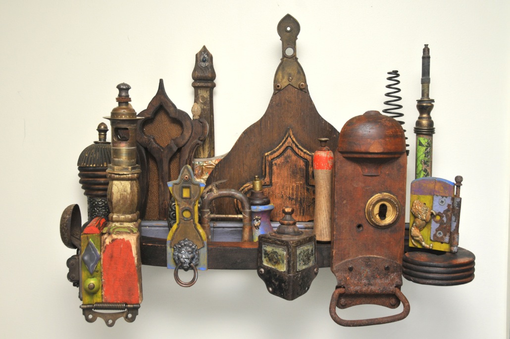 townscapes, found objects, wall assemblage, mixed media