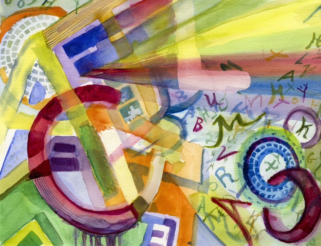 watercolor painting of colorful ovelapping and emerging letters