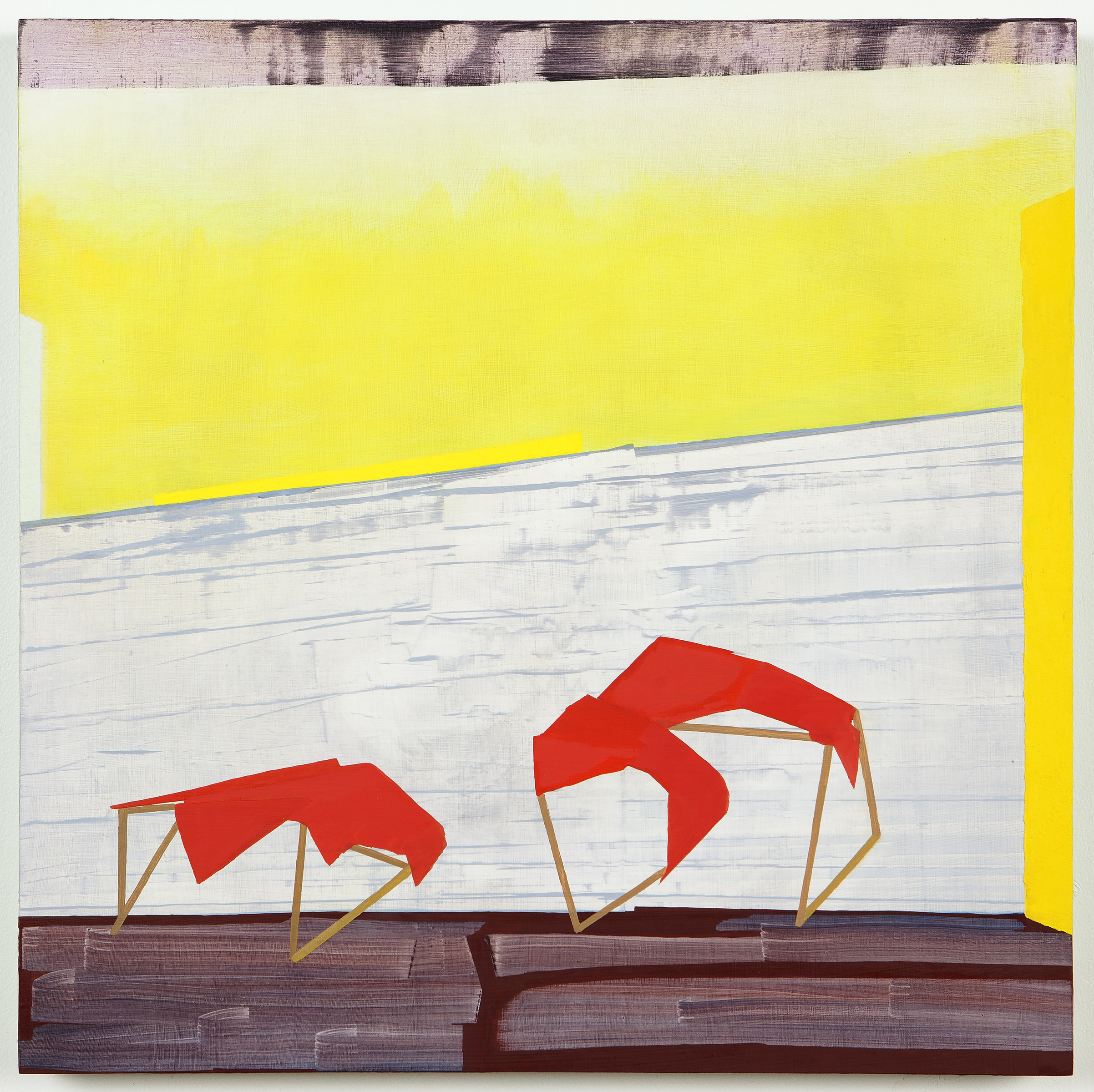 Yellow and red oil on panel painting by Magnolia Laurie of walls and fragile tent structures.