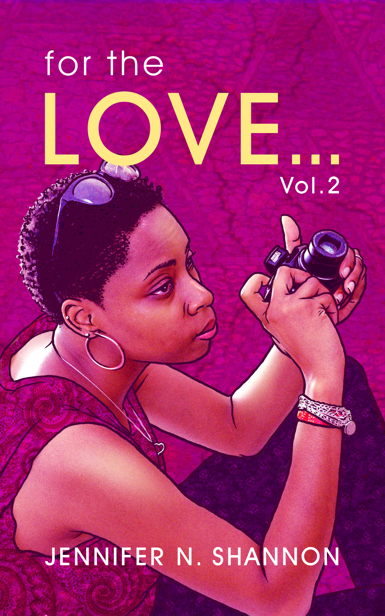 A book cover which has a bright purple-ish cover of a photo-drawing combined of the author holding a camera.