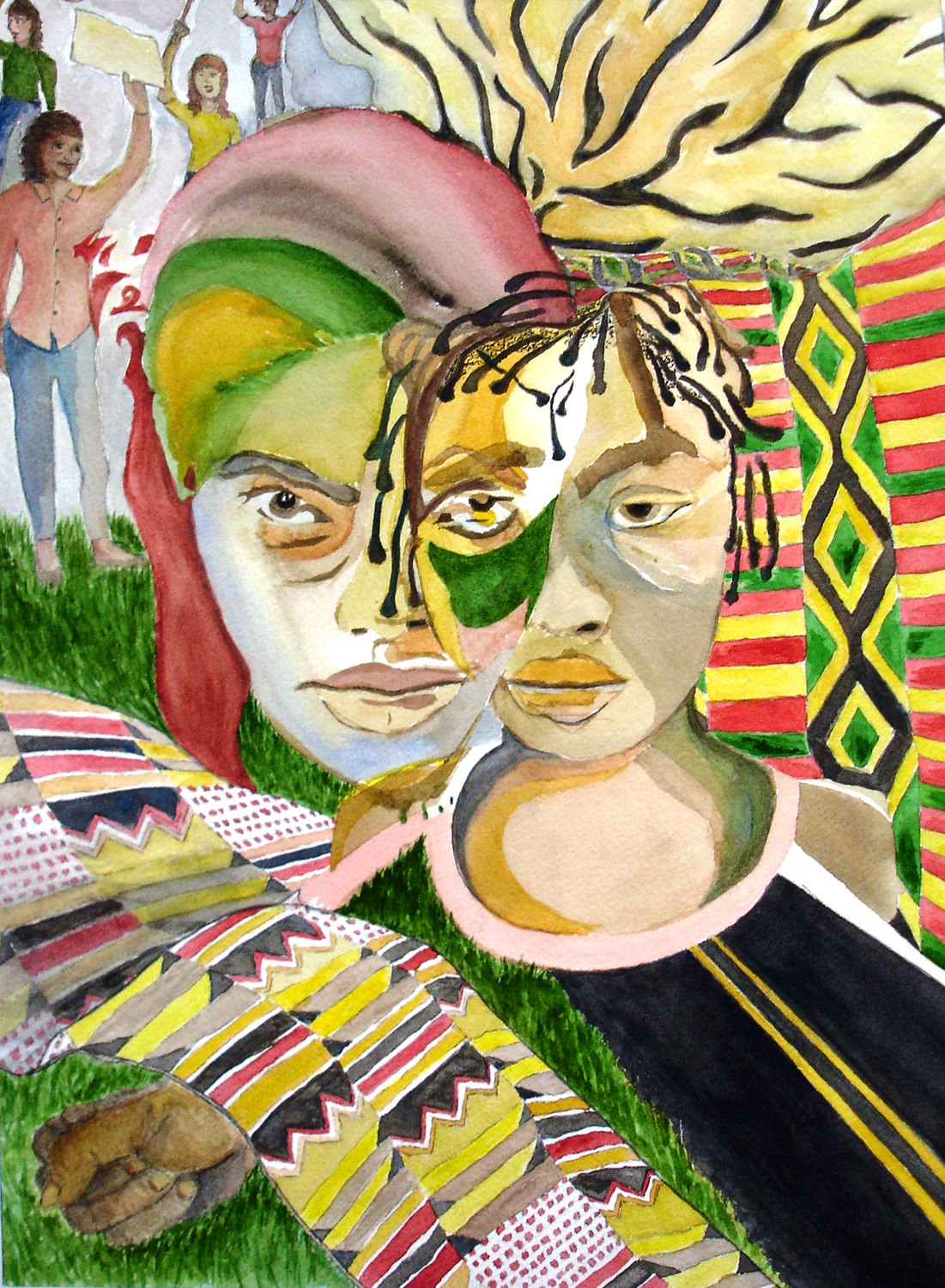 Watercolor of two women working together for change