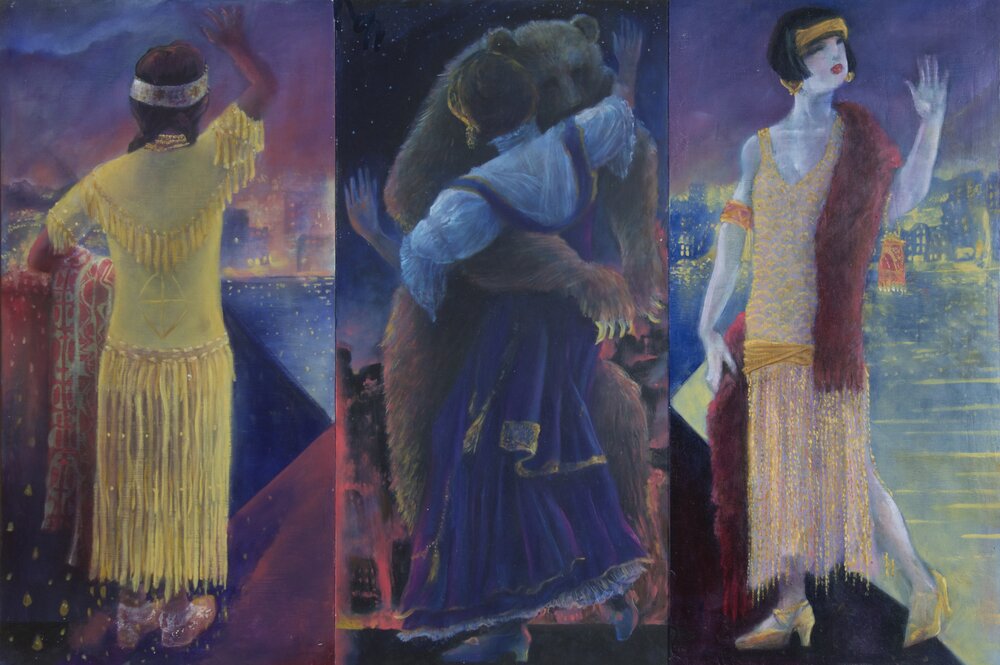 Native American women, woman dancing with bear and White woman modeling flapper clothing, with cityscapes behind.