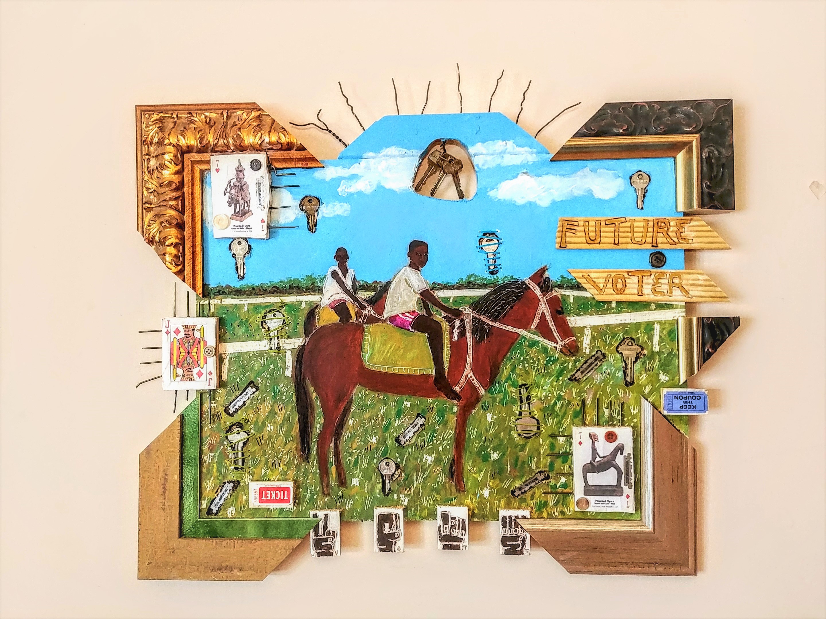 Future Voter Series #9, Two Riders   Acrylic, metal, thread with objects on wood   