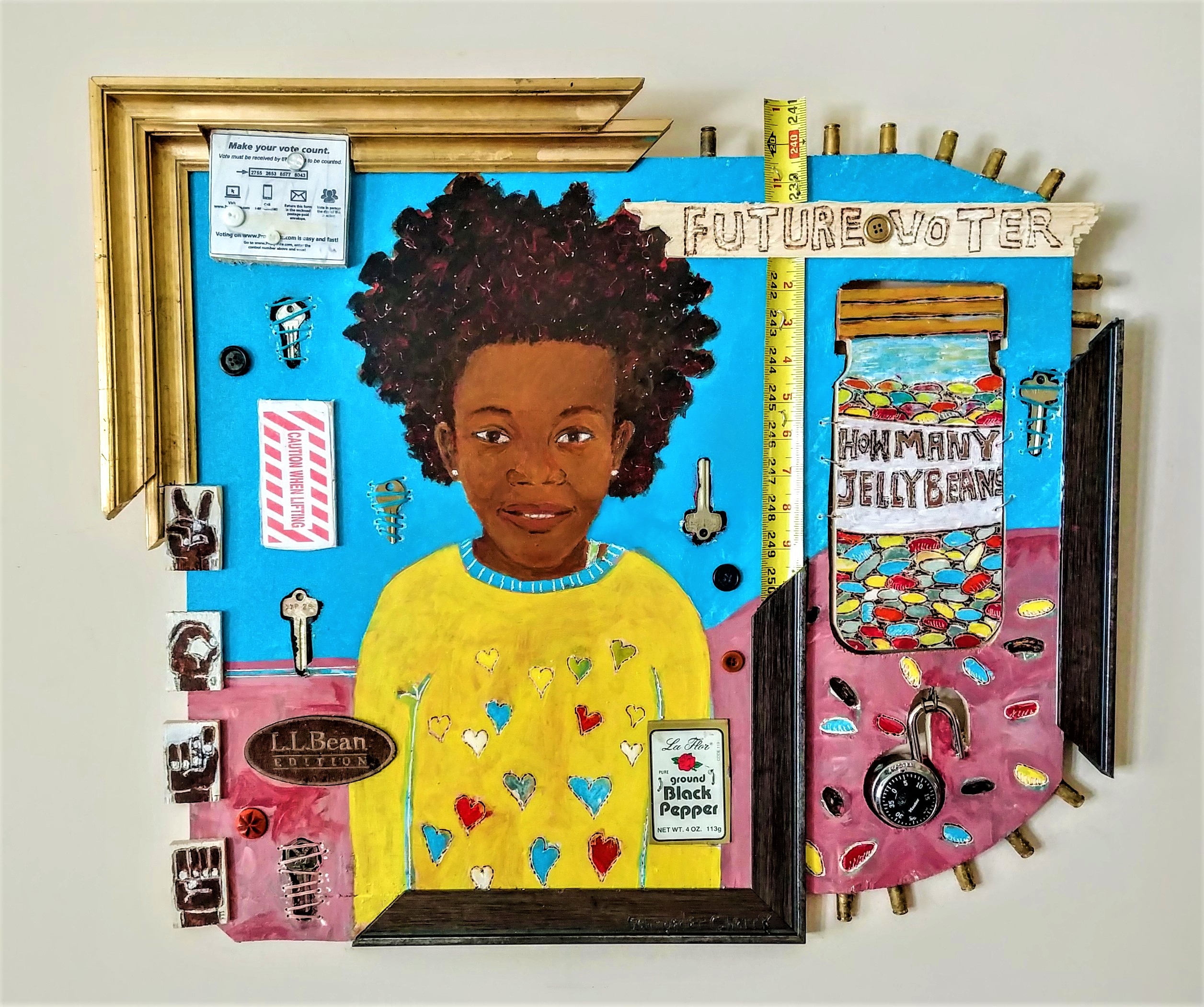  Acrylic, metal, thread with objects on wood  23 x 27 inches;  2021
