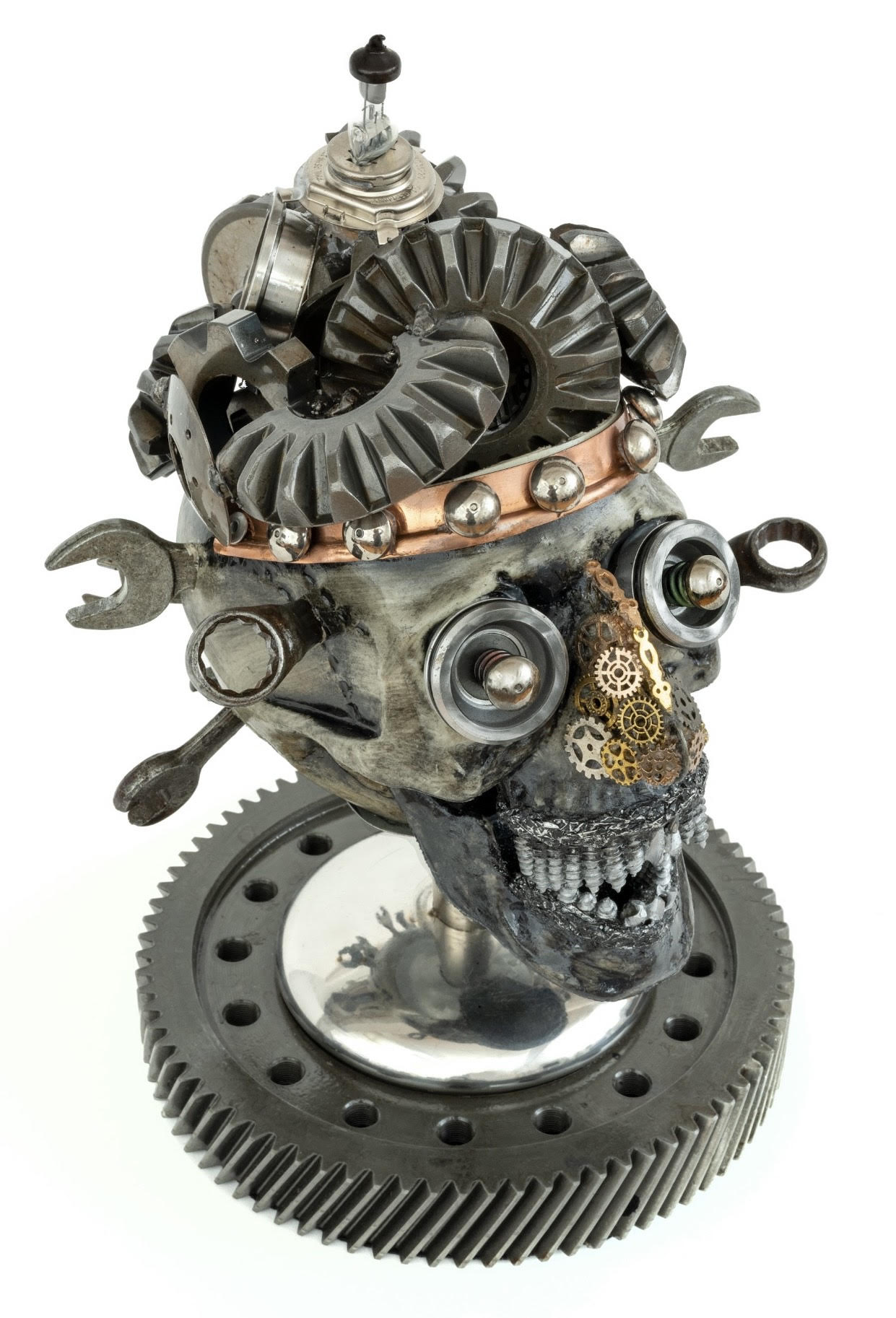 repurposed, automotive, sculpture, metal, ,mixed media, gears, tools