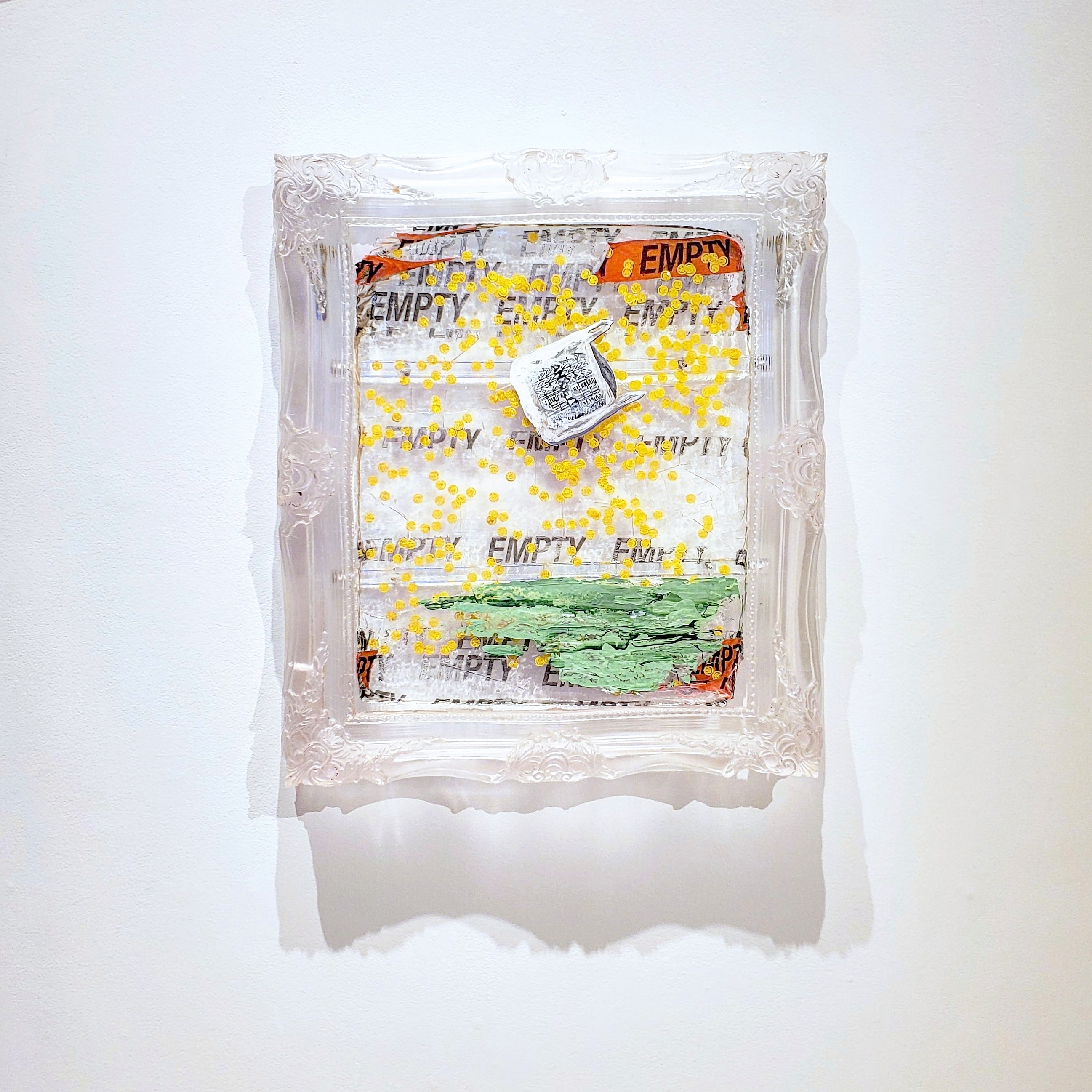 “False Hopes of a pessimistic dreamer” acrylic on resin with confetti and tape, 2019 24” x 32”