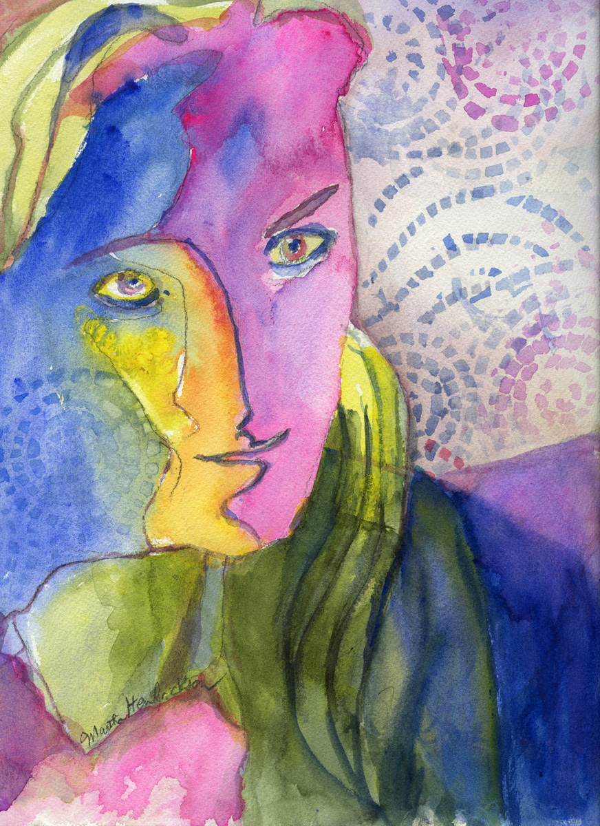 Watercolor of Face in colors in two halves