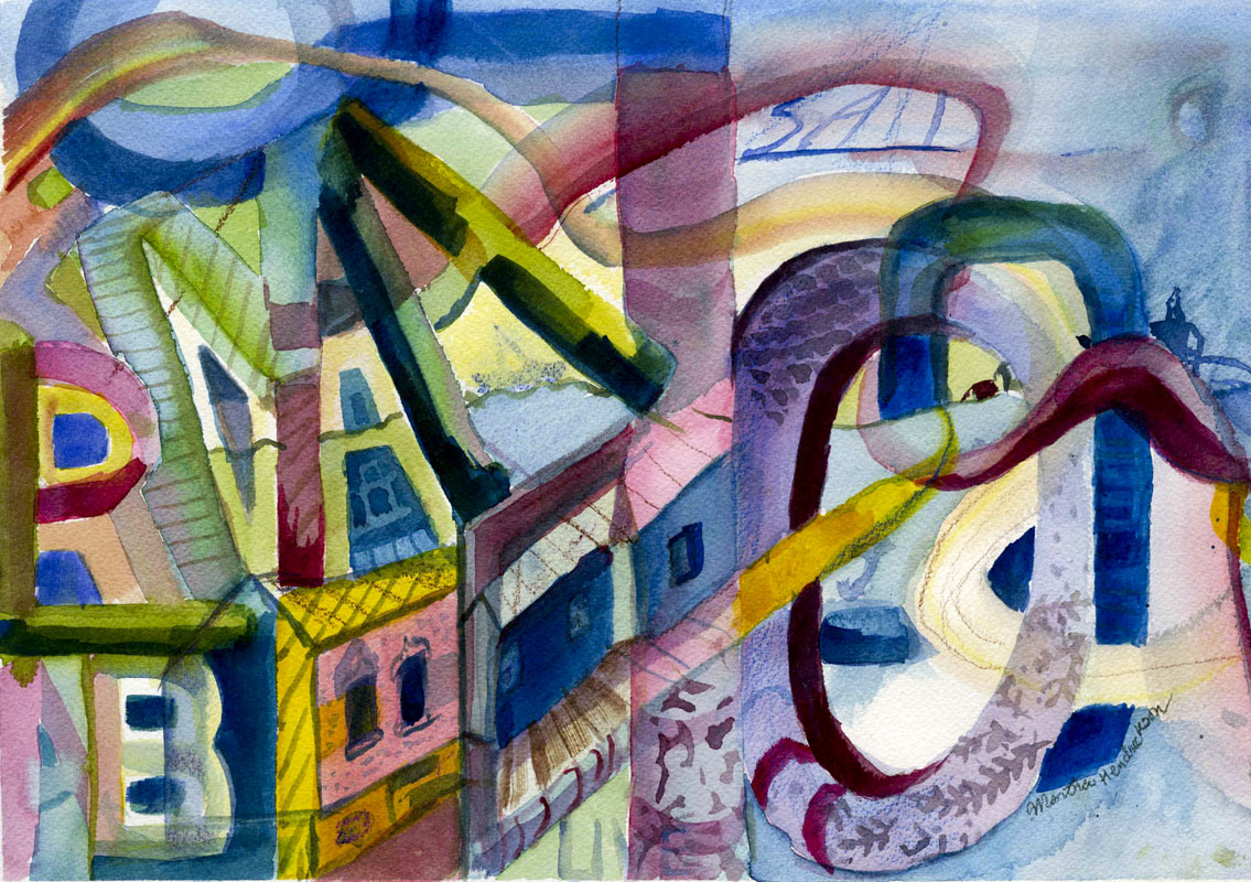 Watercolor painting with images of letters and buildings.