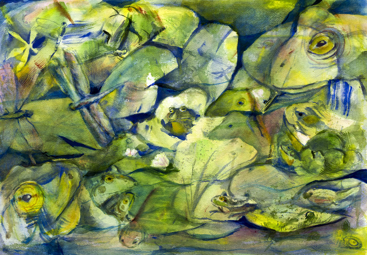 Watercolor painting of frogs in different stages