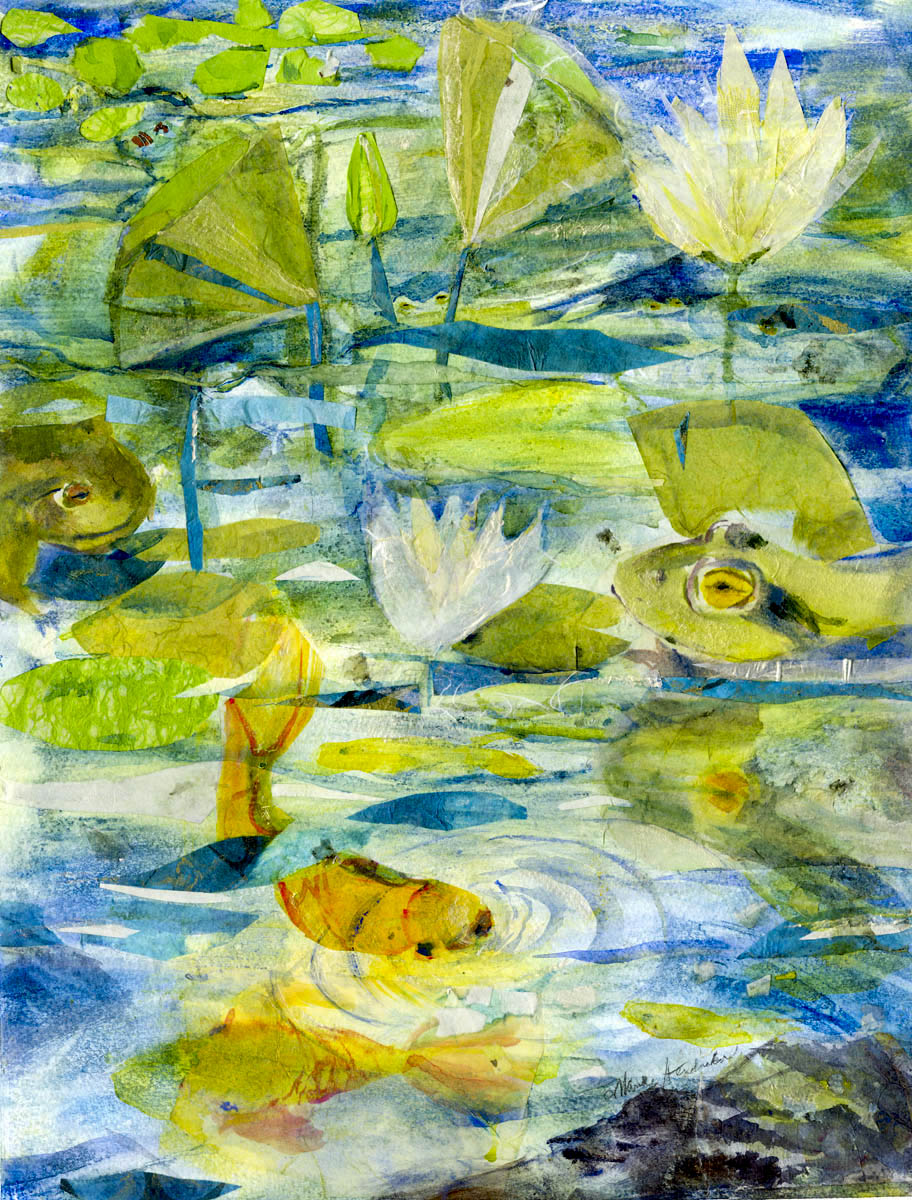 Mixed media painting of pond with frogs and waterlilies