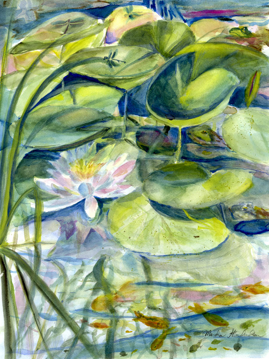 Watercolor Painting of Pond Life with Waterlily
