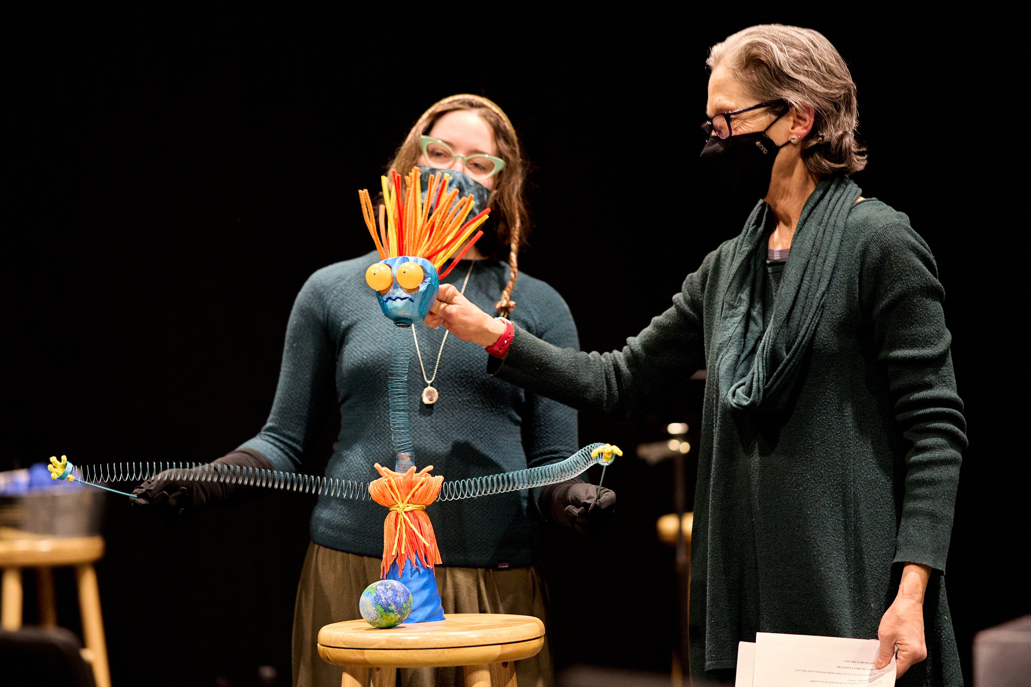 Puppeteers Jess Rassp and Ursula Marcum manipulate "Generalized Anxiety" puppet during Winter Seeds performance.