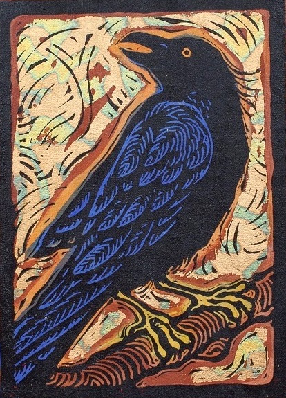 "Raven" - Linoleum block print and water color and gold leaf on Kozo paper - 6" x 9"