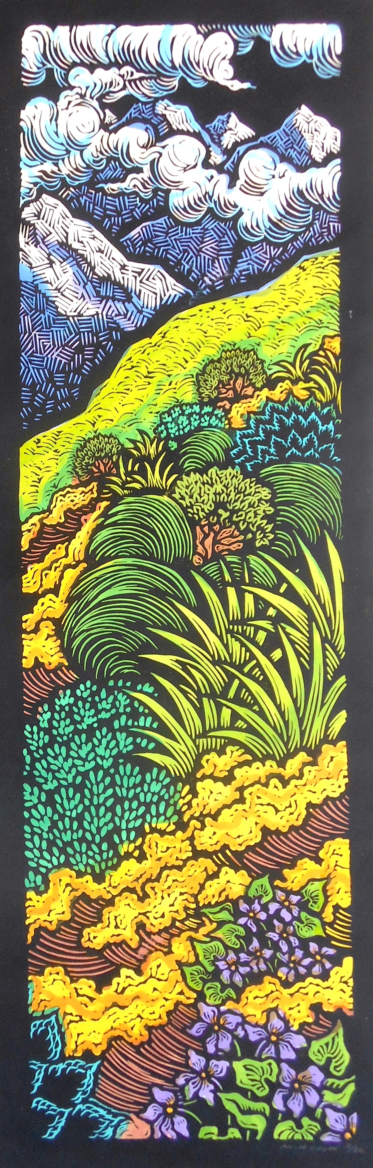 "The Road Less Traveled II"- 8" x 30"- Linoleum block print with watercolor and gold leaf on handmade Kozo paper. 