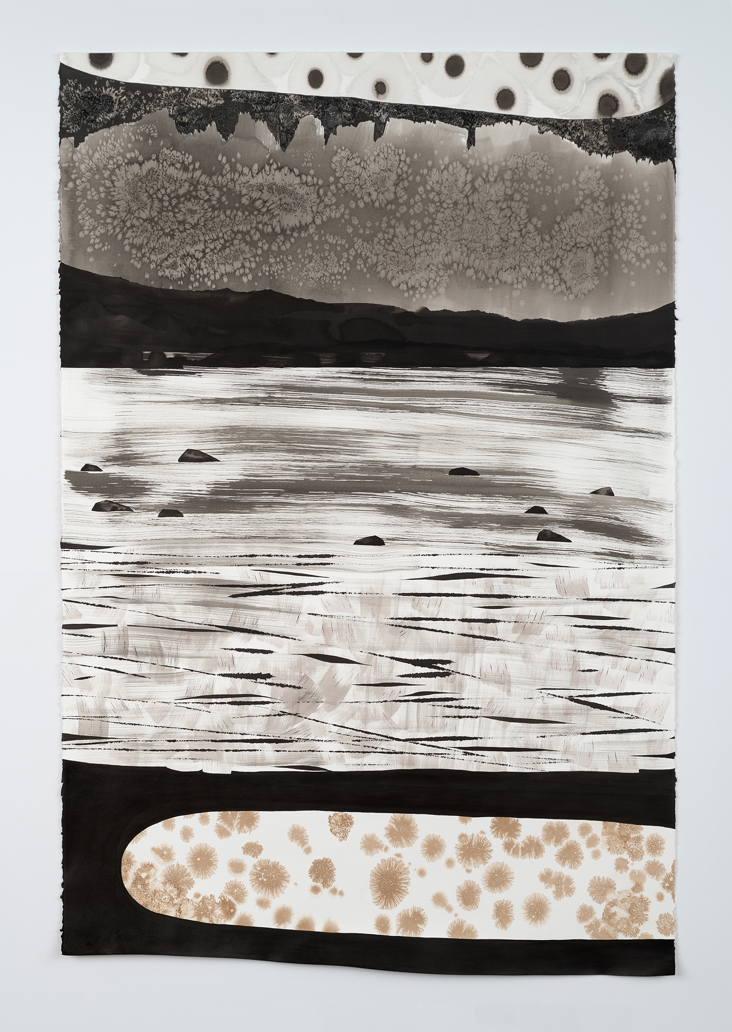 Ink on paper drawing by Magnolia Laurie of a geologic landscape. 