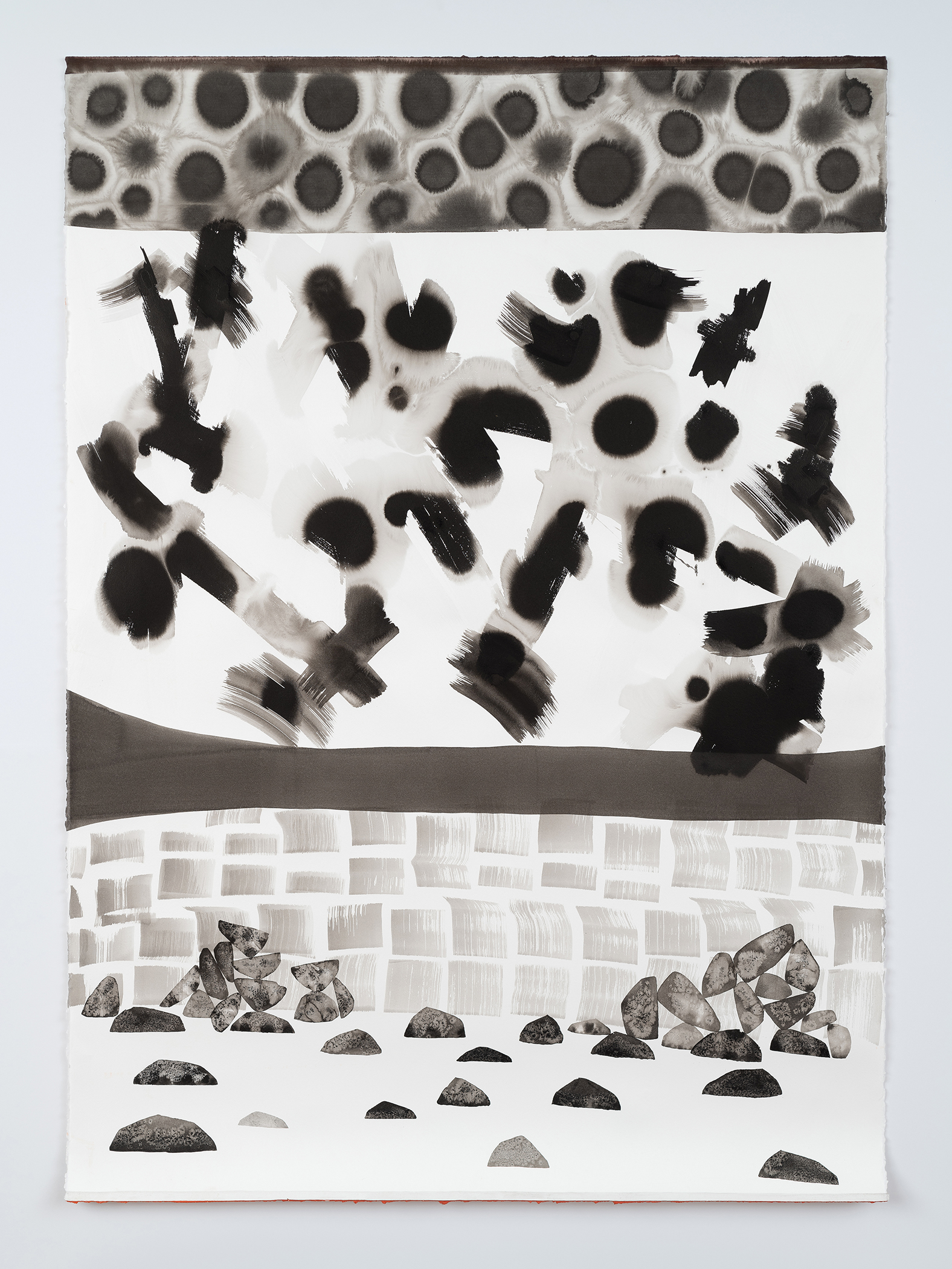 Ink on paper drawing by Magnolia Laurie of a geologic landscape and stacked stones.