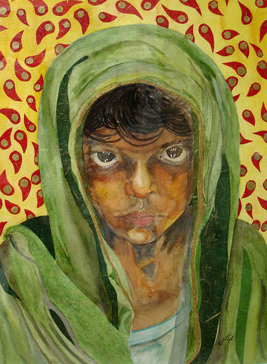 Mixed media piece of a brave young girl in traditional Middle East garments.