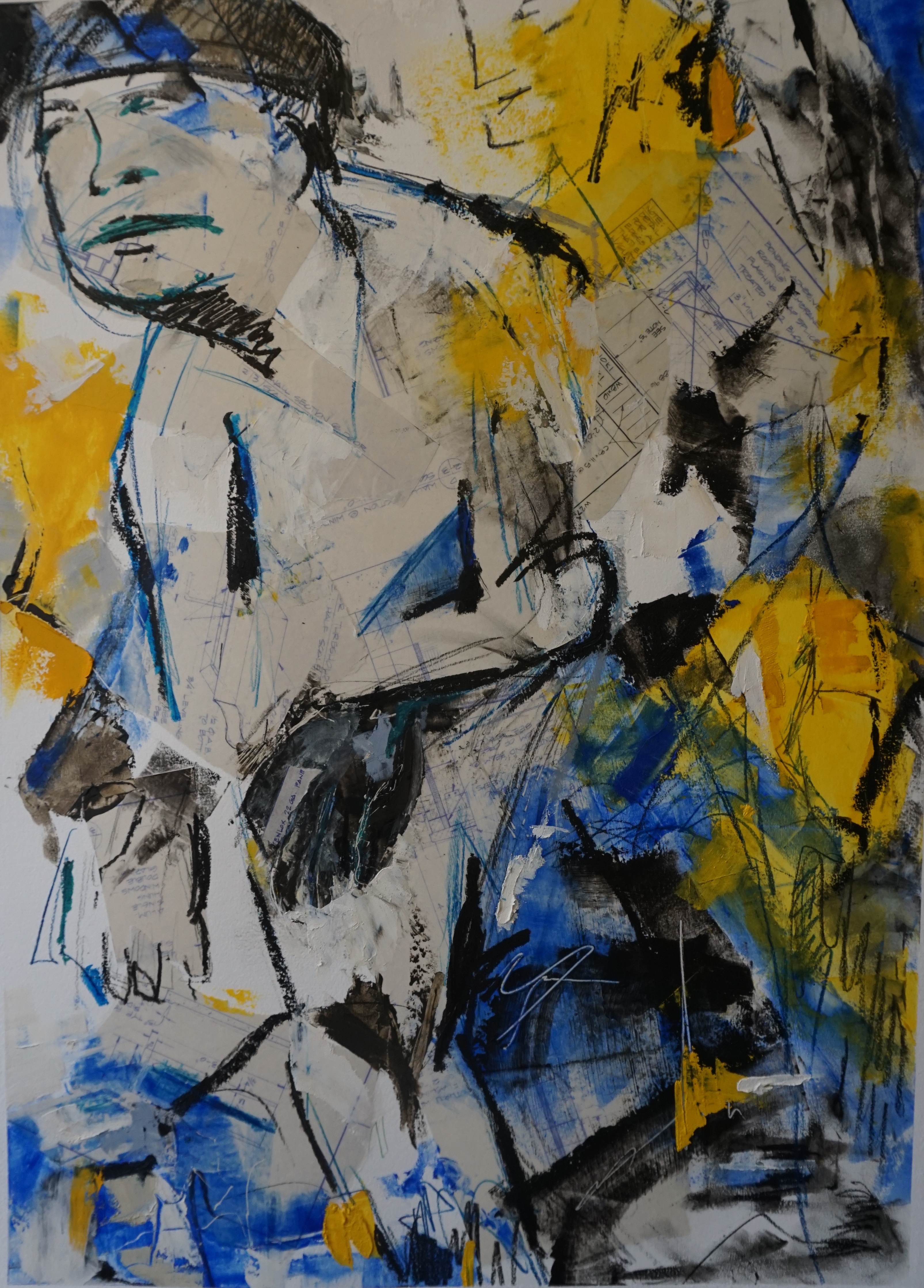 Mixed Media, Blueprints, figure, contemporary, cold wax, abstract painting