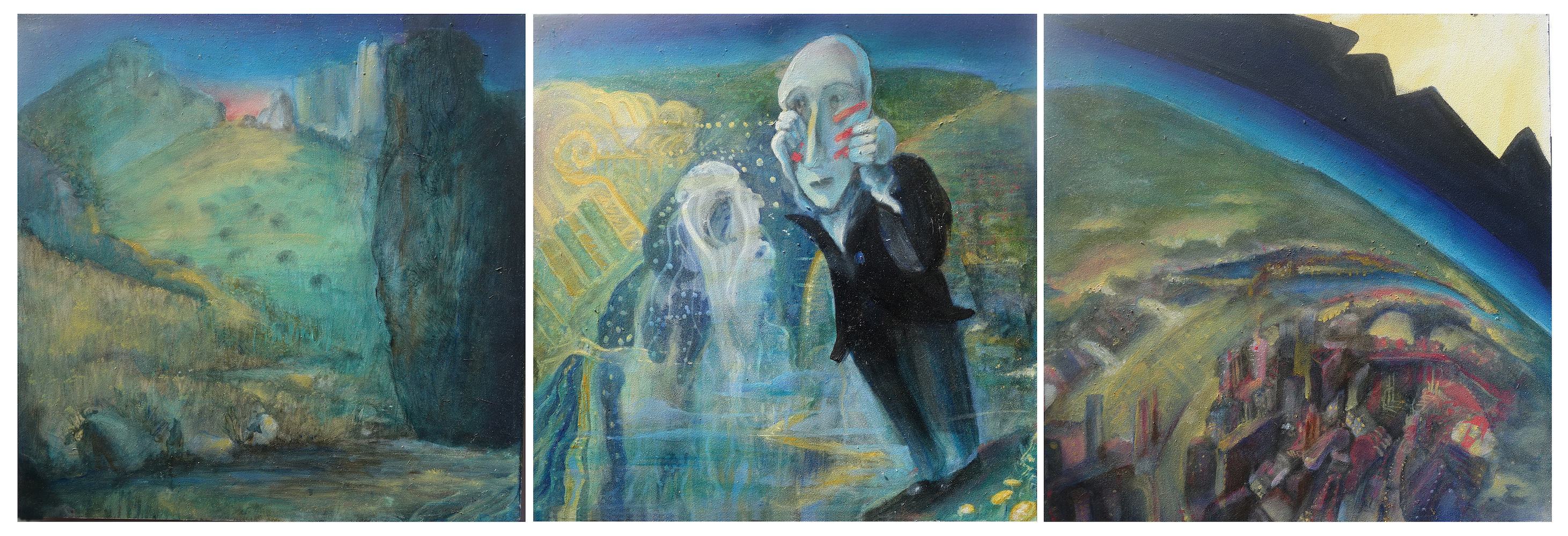 Curved horizon line with sun, man in a suit with a mask and figure rising from water