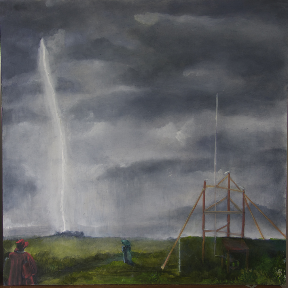 Landscape with 2 figures and lightening bolt, with scientific experiment with rod on the right, against a rainy gray sky.