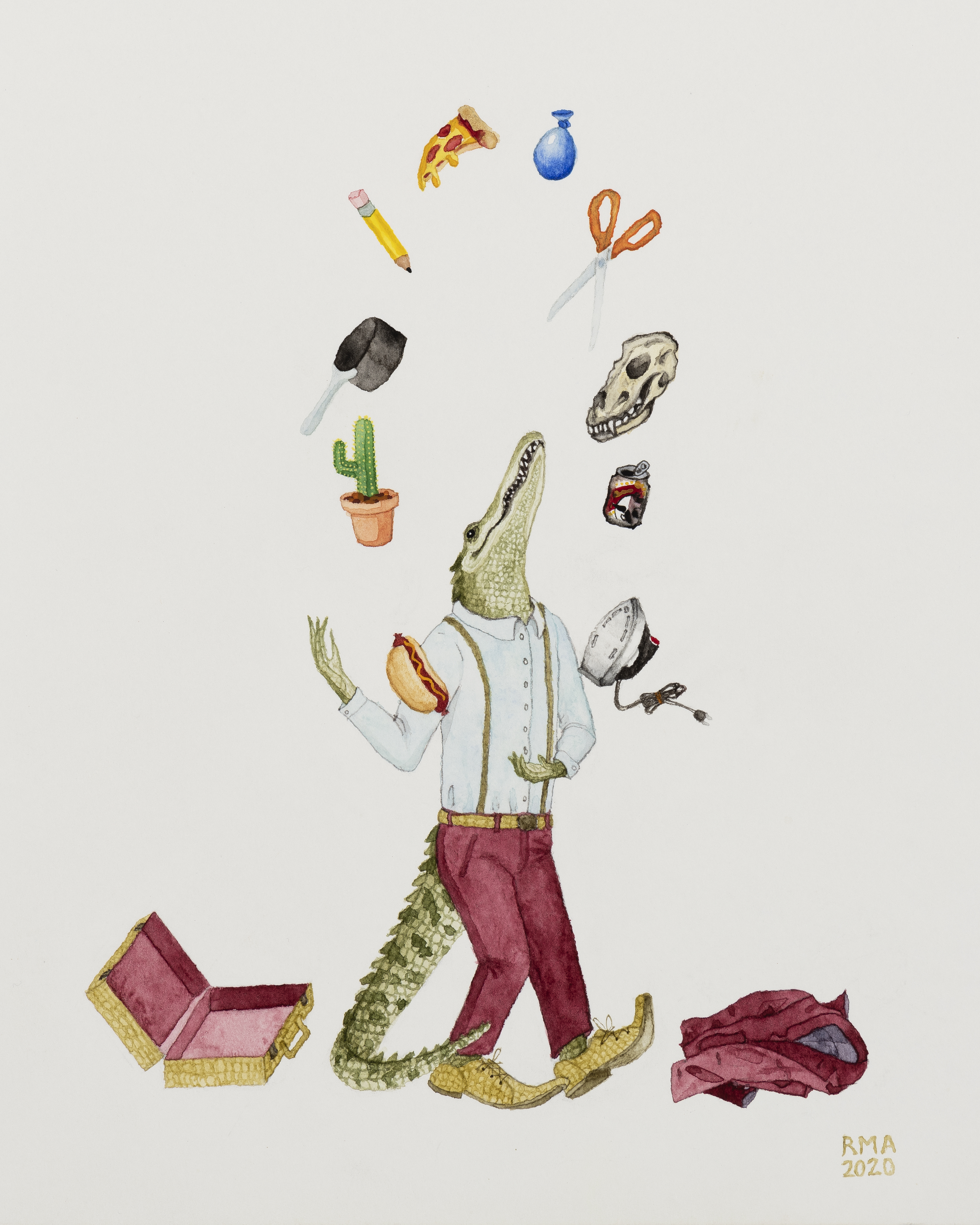 An alligator in a burgundy suit juggling various objects