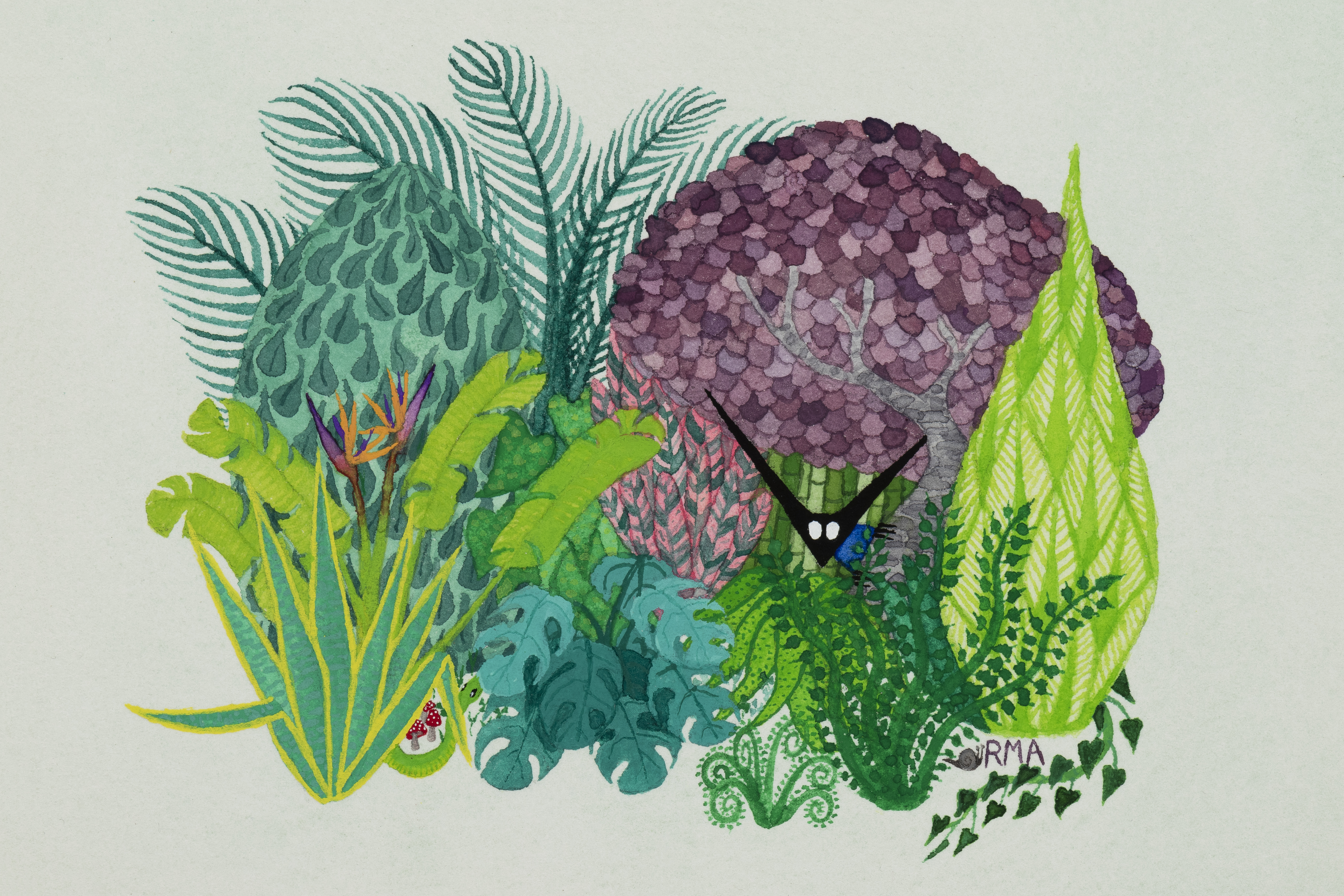 A masked creature peers out from behind the foliage in a lush jungle