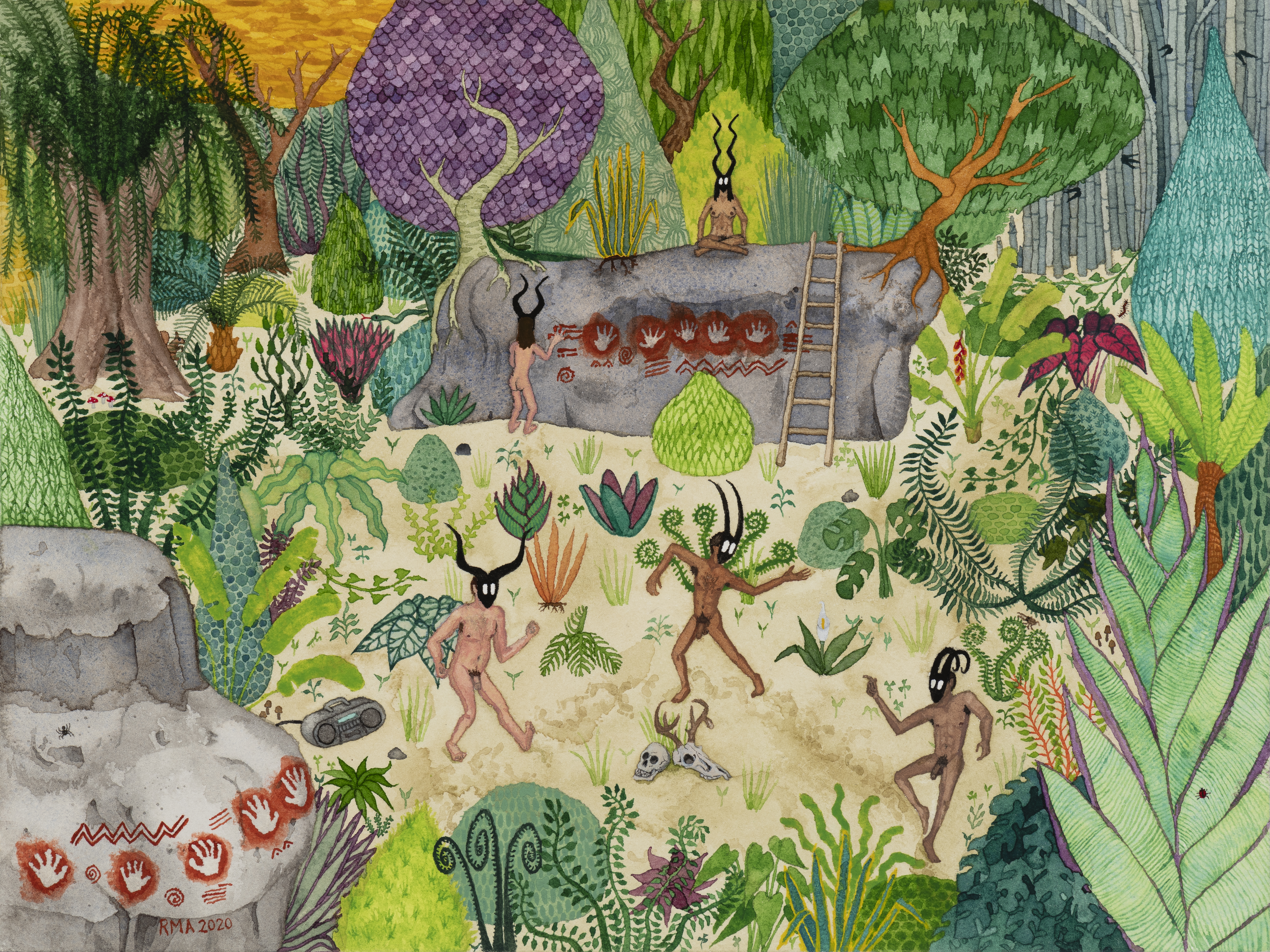 Masked figures dance around skulls in a jungle setting, while another creates cave paintings in the background