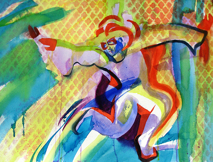 Gestural figure dancing in Mardi Gras like color and pattern.