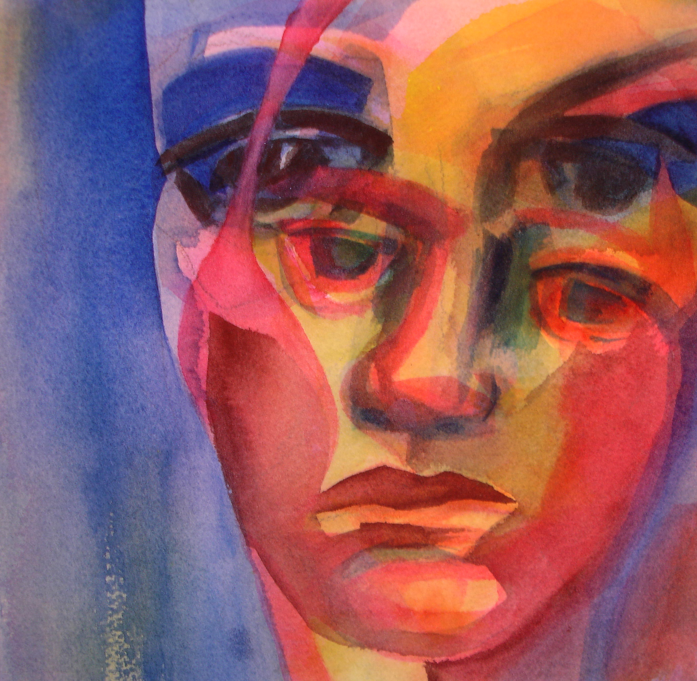 An 8" x 8" watercolor painted in vivid colors, "Ideation" appears to be a double exposure of the face of a woman alone with her thoughts. 
