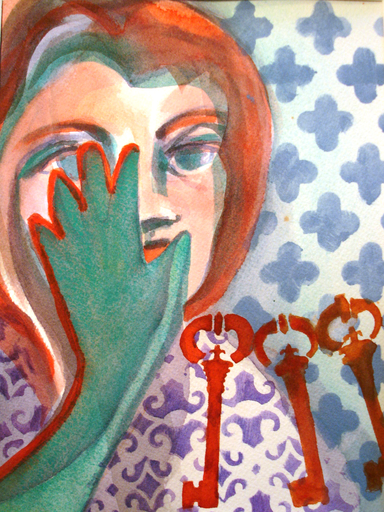 "Three Keys" is a 9" x 7" watercolor originating from a model's pose with extended arm and hand.