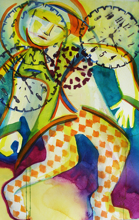 Colorful, patterned dancing figure with clock faces surrounding his face.