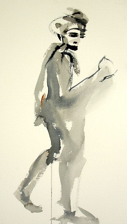 "Strength" is 22" h x 16" w, a watercolor done in 2018.  The position of the figure presents sure confidence which is emphasized by the few elaborations in the painting.