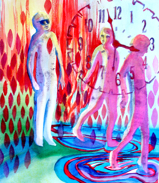 Colorful, patterned painting of 3 figures with a clock face superimposed.