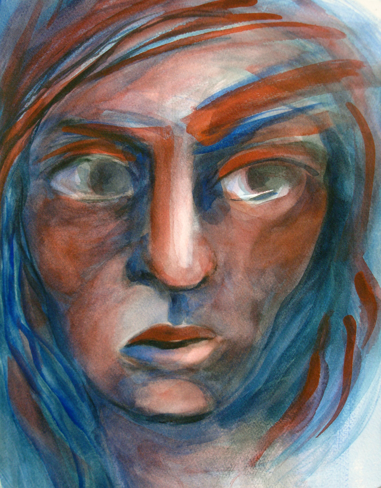 "What Did You Say", an 11" w x 15" h watercolor, is a startled face starting to speak. 
