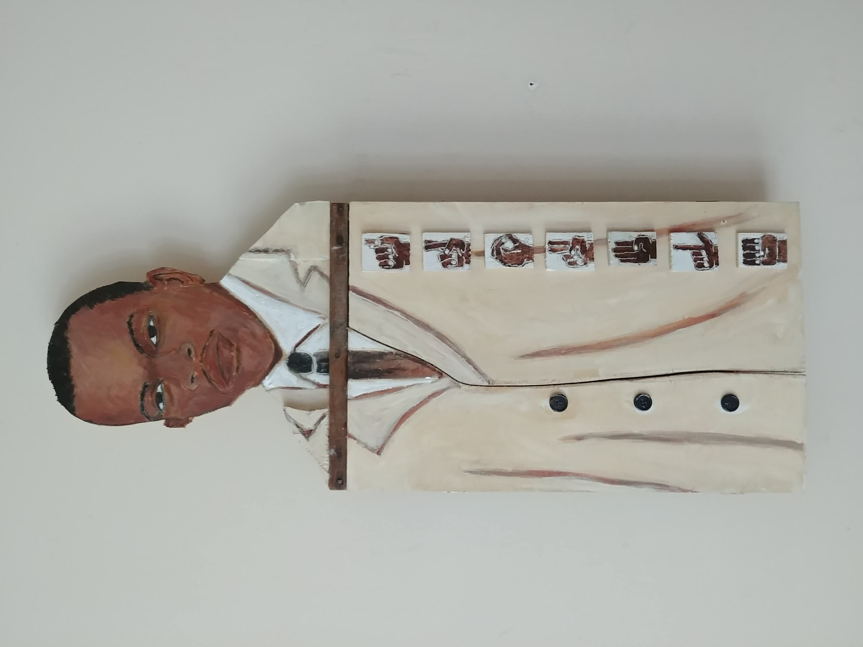 Acrylic with objects on wood and metal washboard. 33 x 12.5 inches