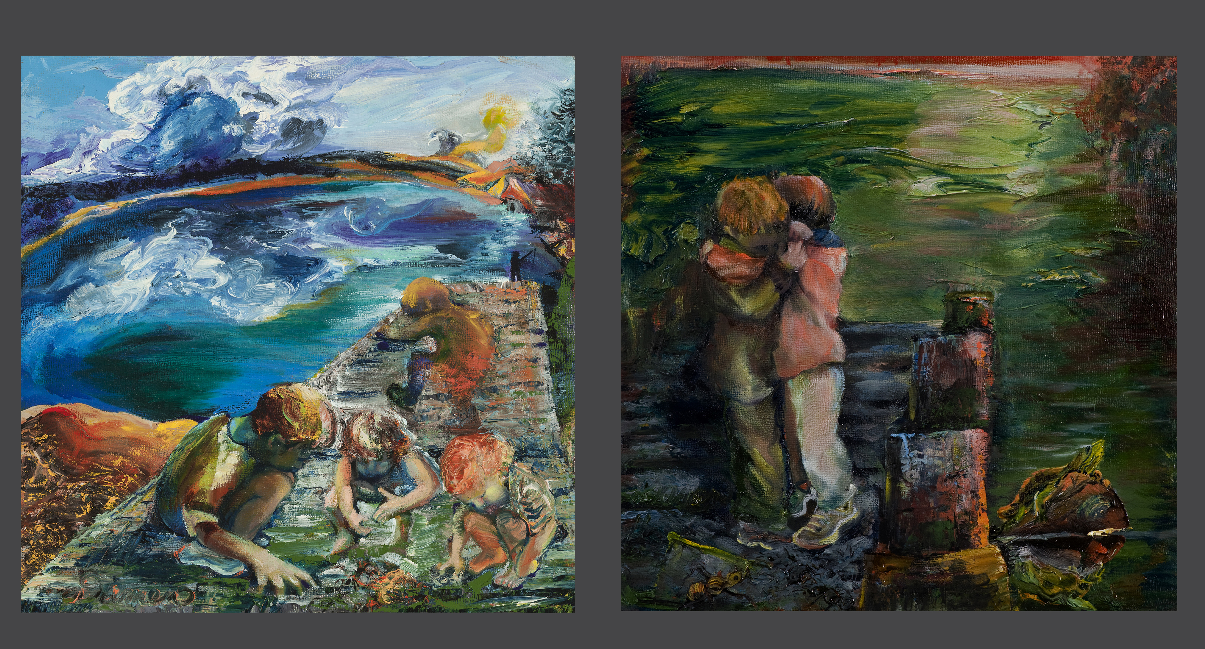 companion oil paintings for poem, in one children are searching under white culmulus clouds hiding whimsical character, the other two children hug, comforted and surrounded by a deep green lake