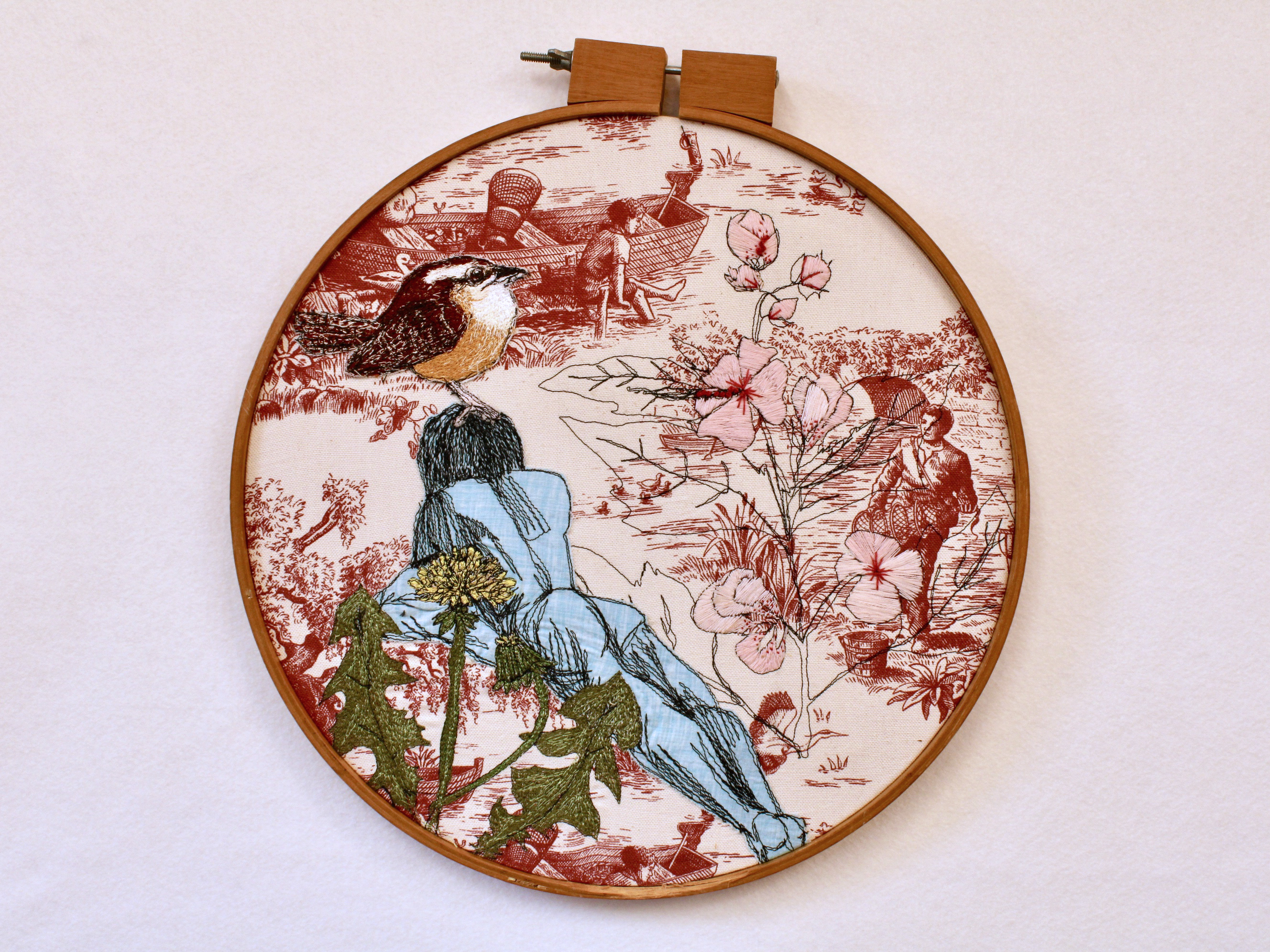 fiberart, thread drawing, figure , bird