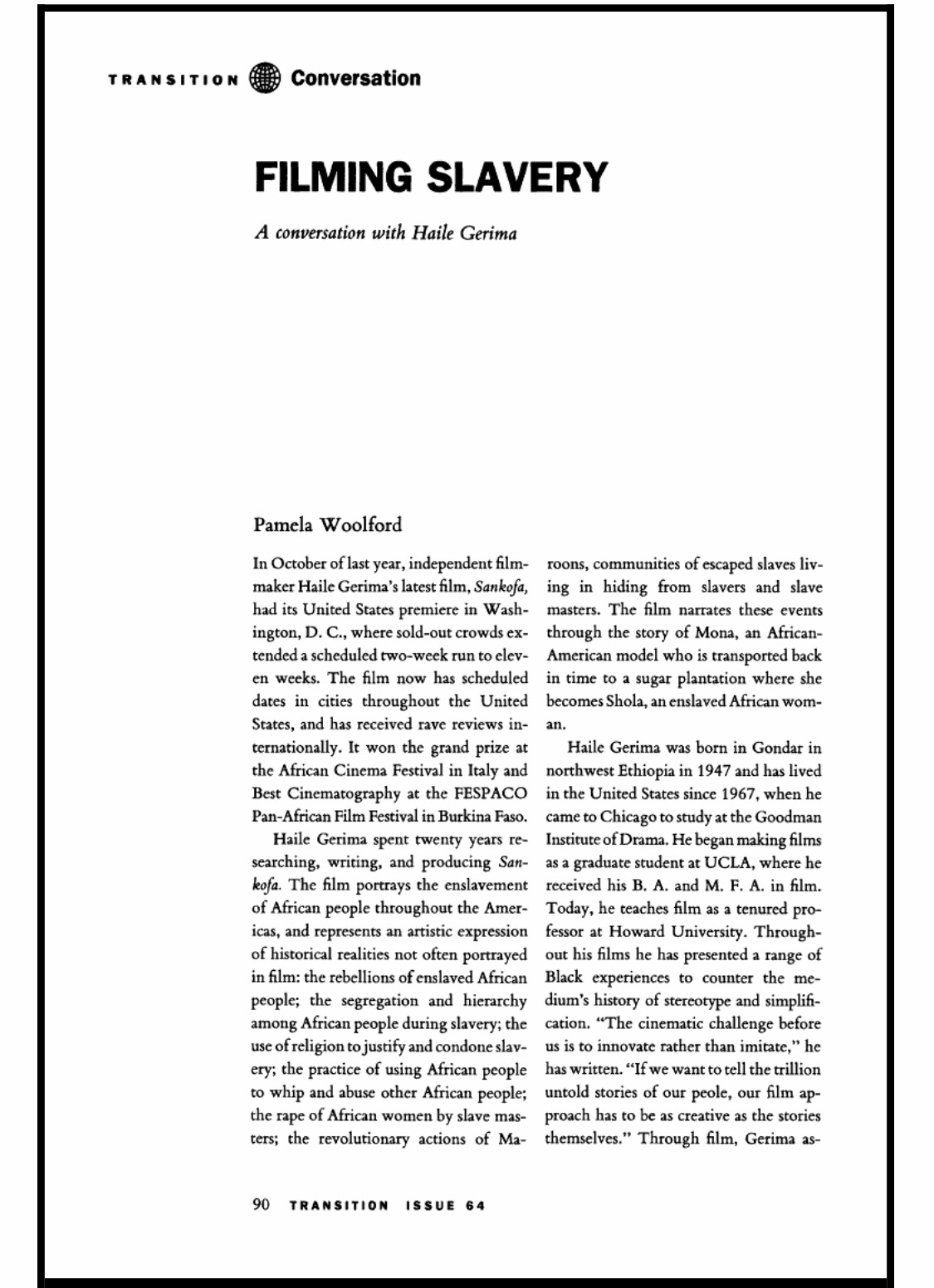 A page from the journal Transition with the headline "Filming Slavery: A conversation with Haile Gerima" and the author's name "Pamela Woolford" and the opening narrative to the interview.