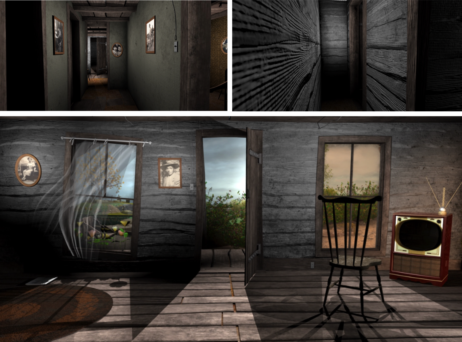 Three screen shots of 3D modeling of a cabin room with windows and an open door looking out on a rural setting and cabin corridors.